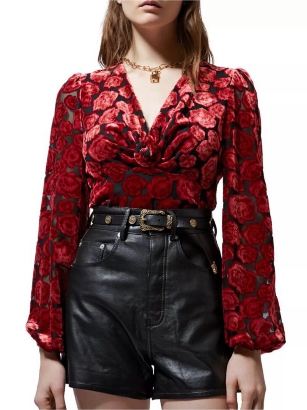 The Kooples Burnout Velvet Red Rose V-Neck Blouse Size 3 US Medium 6-8 Edgy Chic